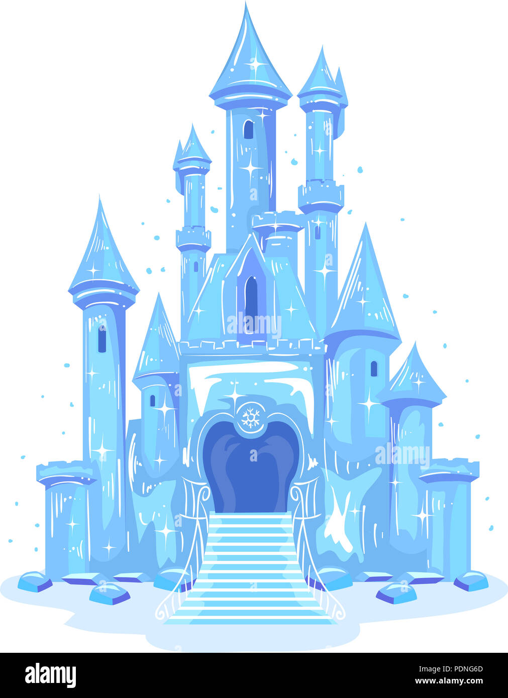 Ilustración de un castillo de hielo brillando en azul y violeta