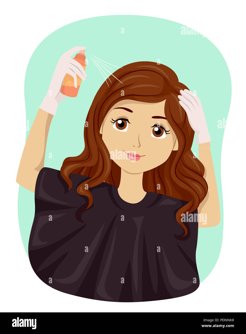 Ilustración de una jovencita usando guantes de plástico y aplicar sobre el cabello productos Cabello Foto de stock
