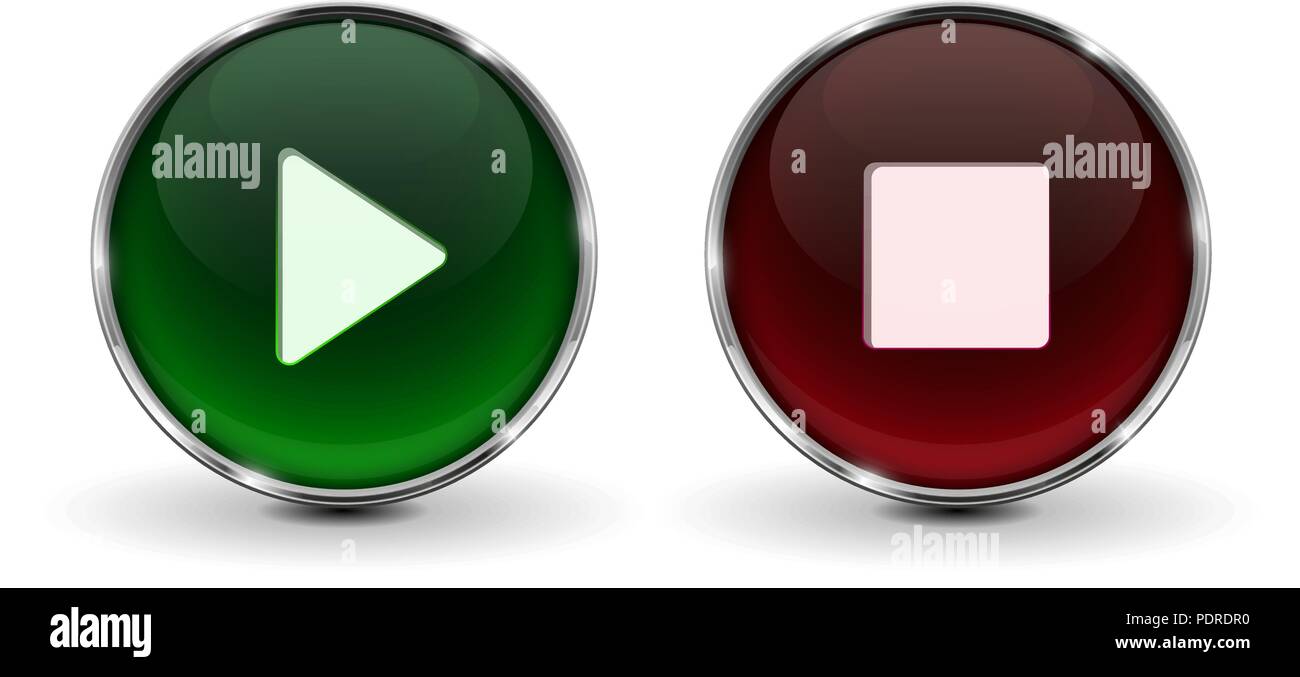 Los botones de Play y Stop. Verde y rojo iconos 3D con sombra, aislado