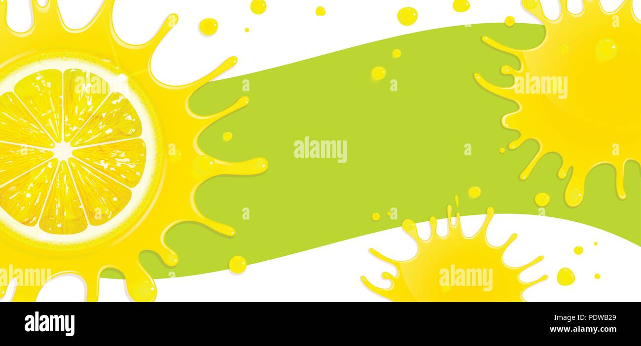 Banner con zumo de limón y salpicaduras sobre un fondo verde Ilustración del Vector