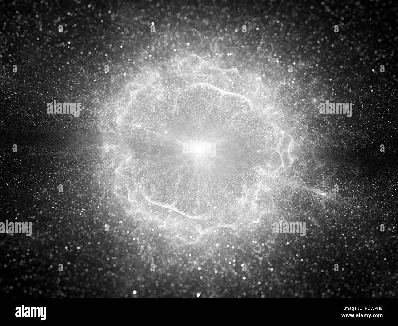 Big bang, una explosión en el espacio, el efecto blanco y negro, fondo abstracto generado por ordenador Foto de stock