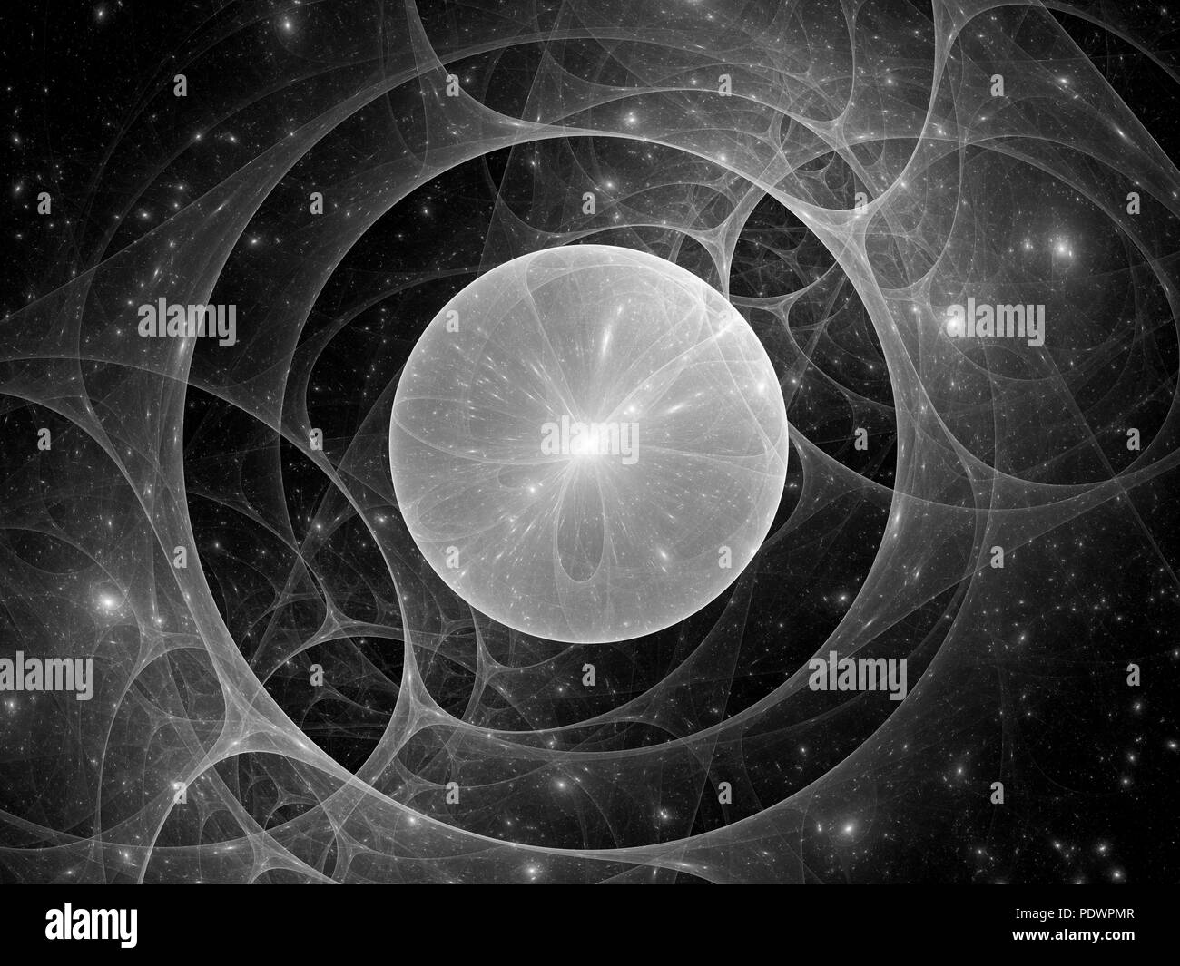 Lente gravitacional en el espacio en blanco y negro, fondo abstracto generado por ordenador, 3D rendering Foto de stock