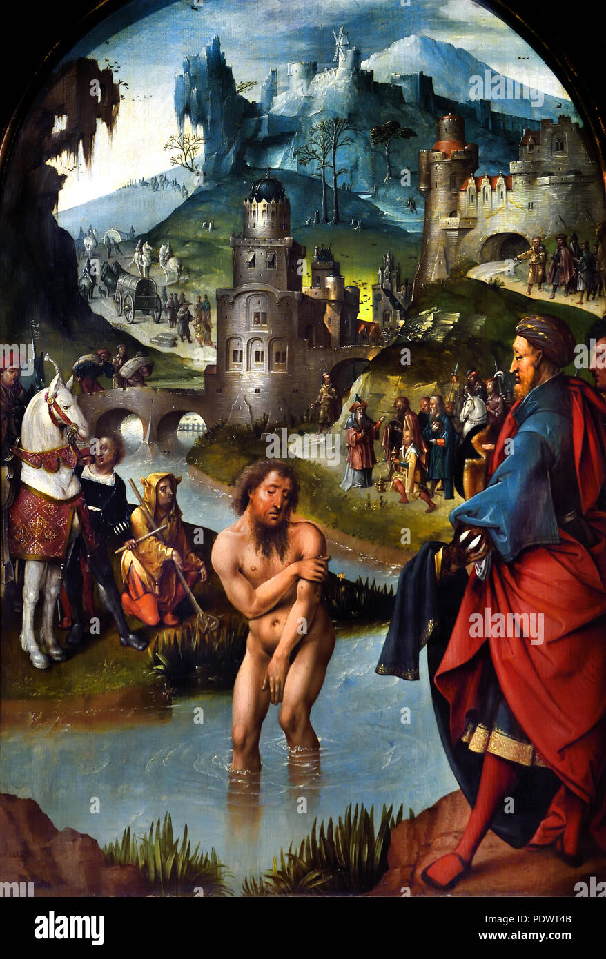El profeta Elías cura el comandante sirio Naamán de lepra en el río Jordán - altar por Cornelis Engebrechtsz alada (1468 - 1527) de Leiden en los Países Bajos, en neerlandés, ( panel central tríptico ) Foto de stock