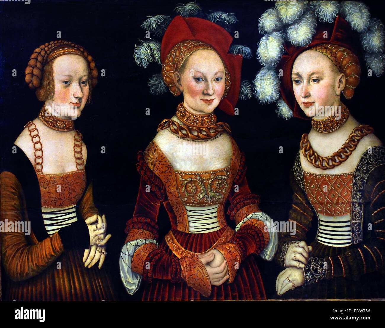 La princesa Sibylla (1515-1592), Emilia (1516-1591) y Sidonia (1518-1575) de Sajonia Lucas Cranach 1472 - 1553 ALEMÁN Alemania ( Porträt der drei Töchter Herzog Heinrichs des Frommen - Retrato de los tres hijas Duque Enrique el Pío ) Foto de stock