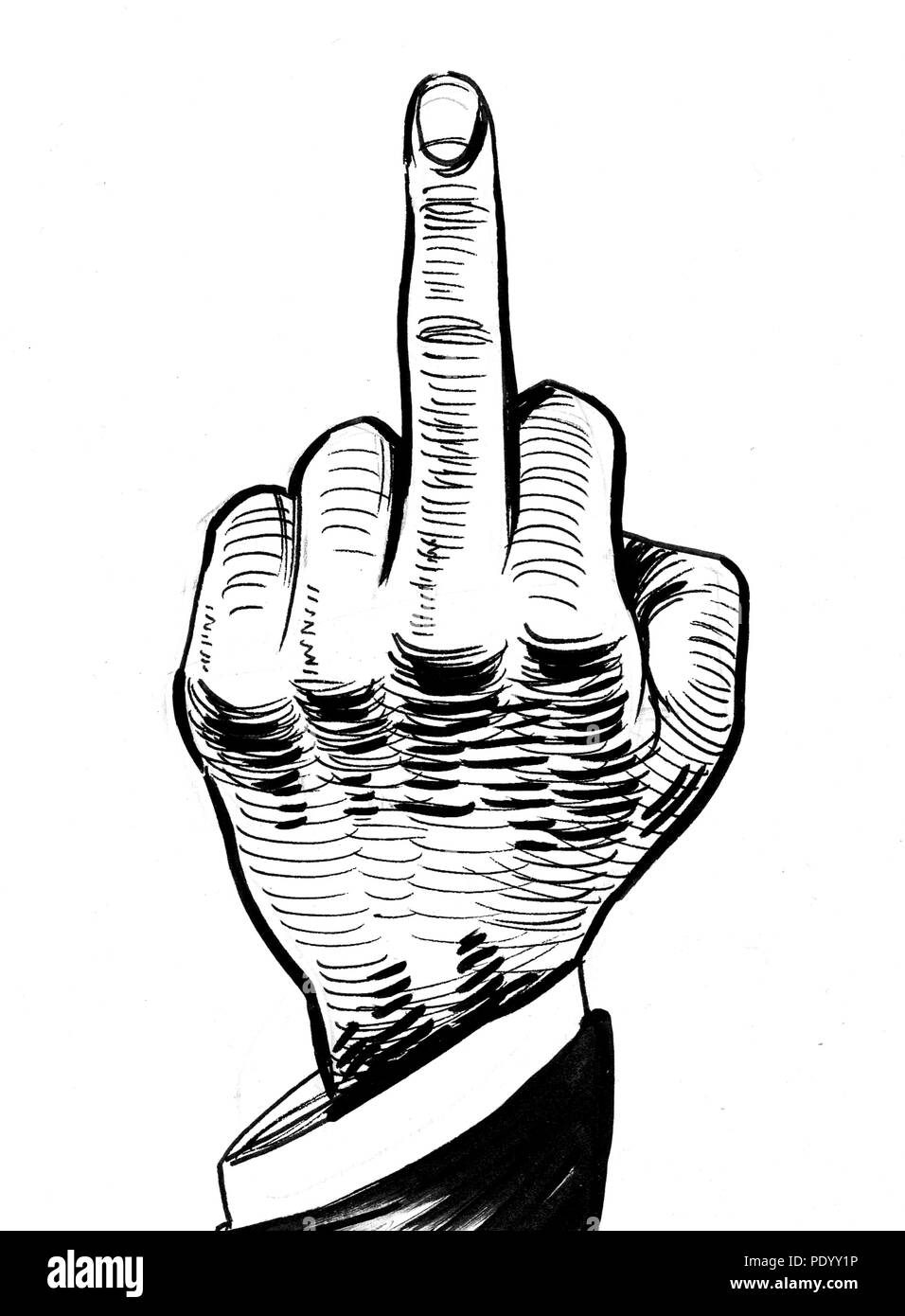 Mostrando mano dedo medio. Ilustración en blanco y negro de tinta  Fotografía de stock - Alamy