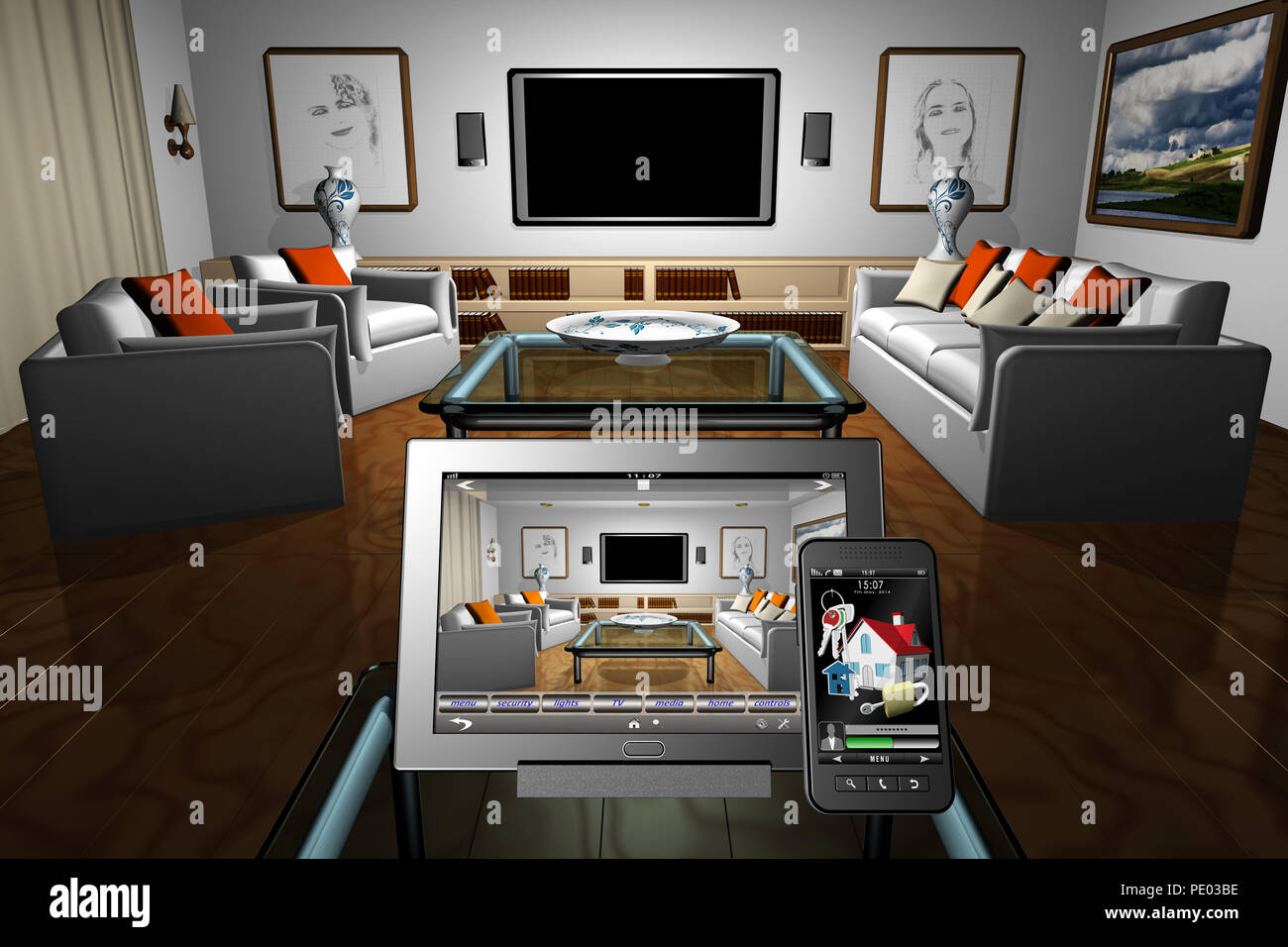 Ilustración 3D. Salón de la casa de control, la automatización del hogar. Tablet smartphone. Foto de stock