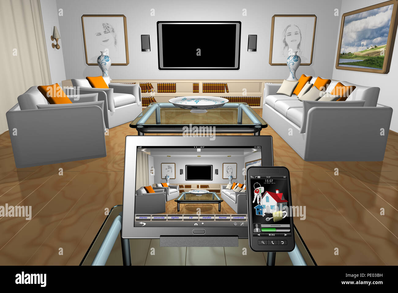Ilustración 3D. Salón de la casa de control, la automatización del hogar. Tablet smartphone. Foto de stock