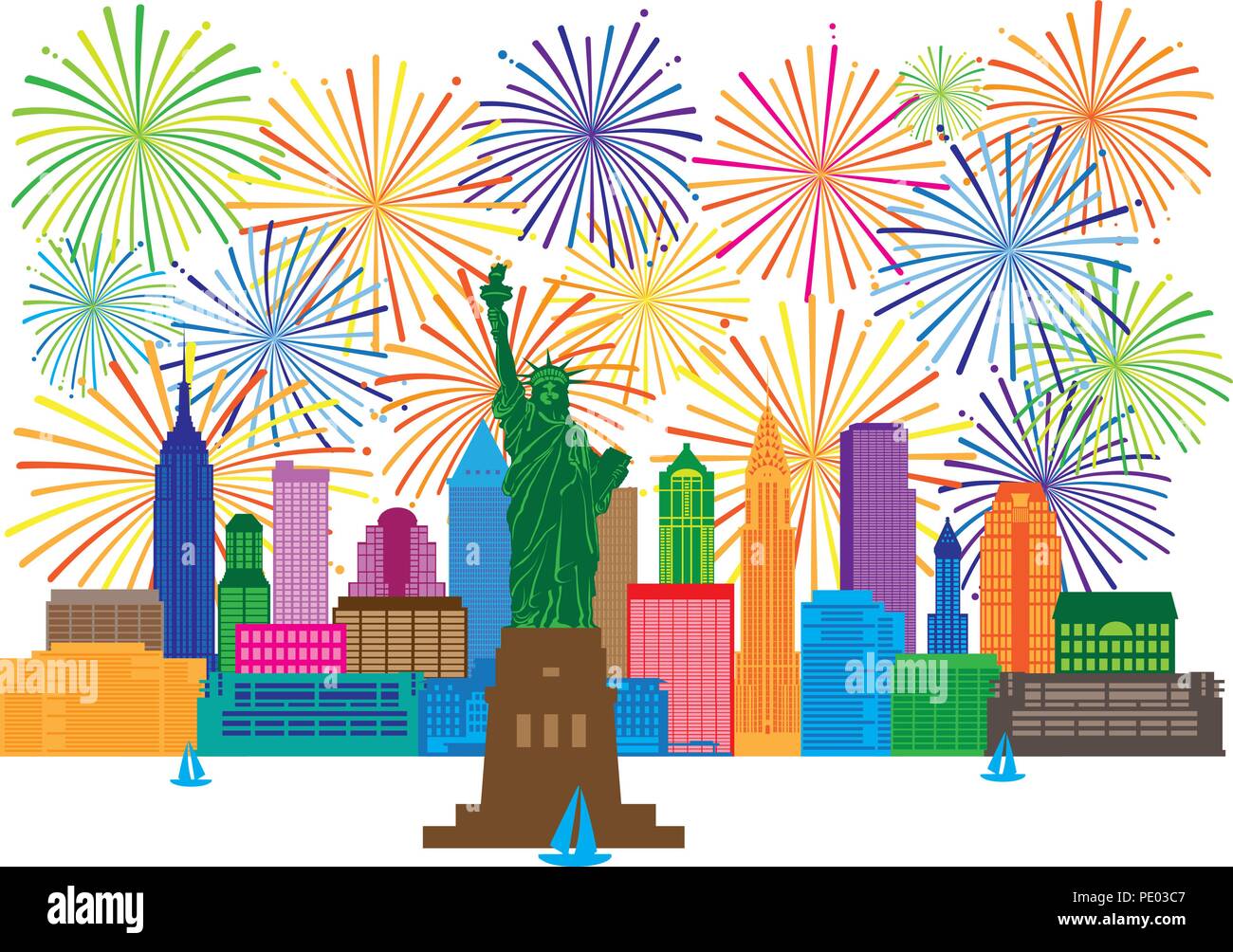 La Ciudad de Nueva York con la estatua de la libertad y la ilustración a color de Fireworks Ilustración del Vector