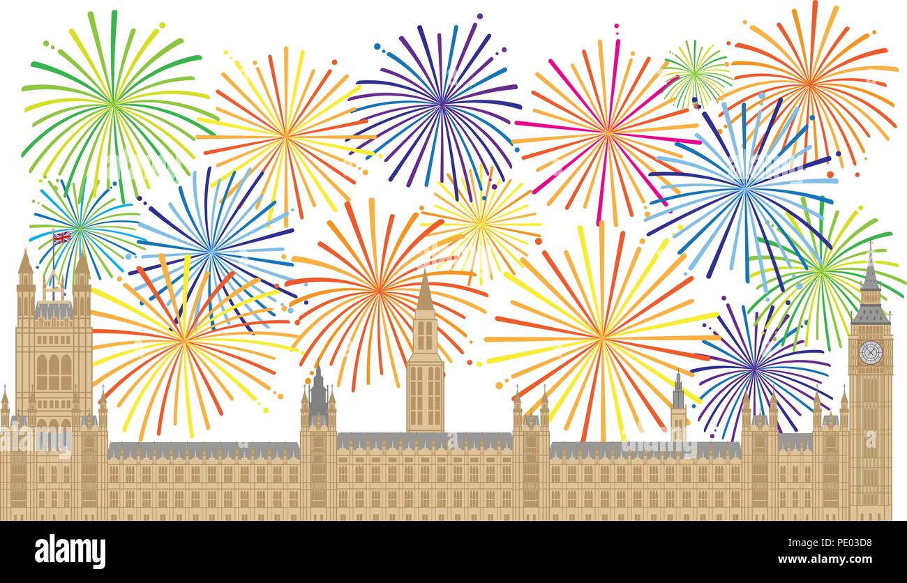 Palacio de Westminster Casas del Parlamento con el Big Ben Torre del Reloj en Londres y Fireworks ilustración Ilustración del Vector