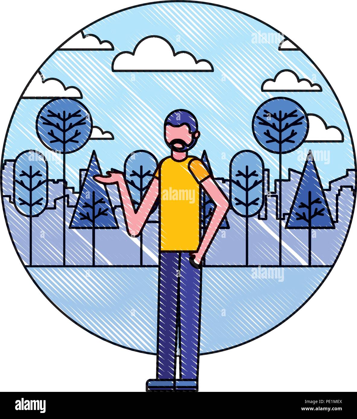 Barba Hombre Naturaleza Paisaje Bosque Arbol Ilustracion Vectorial