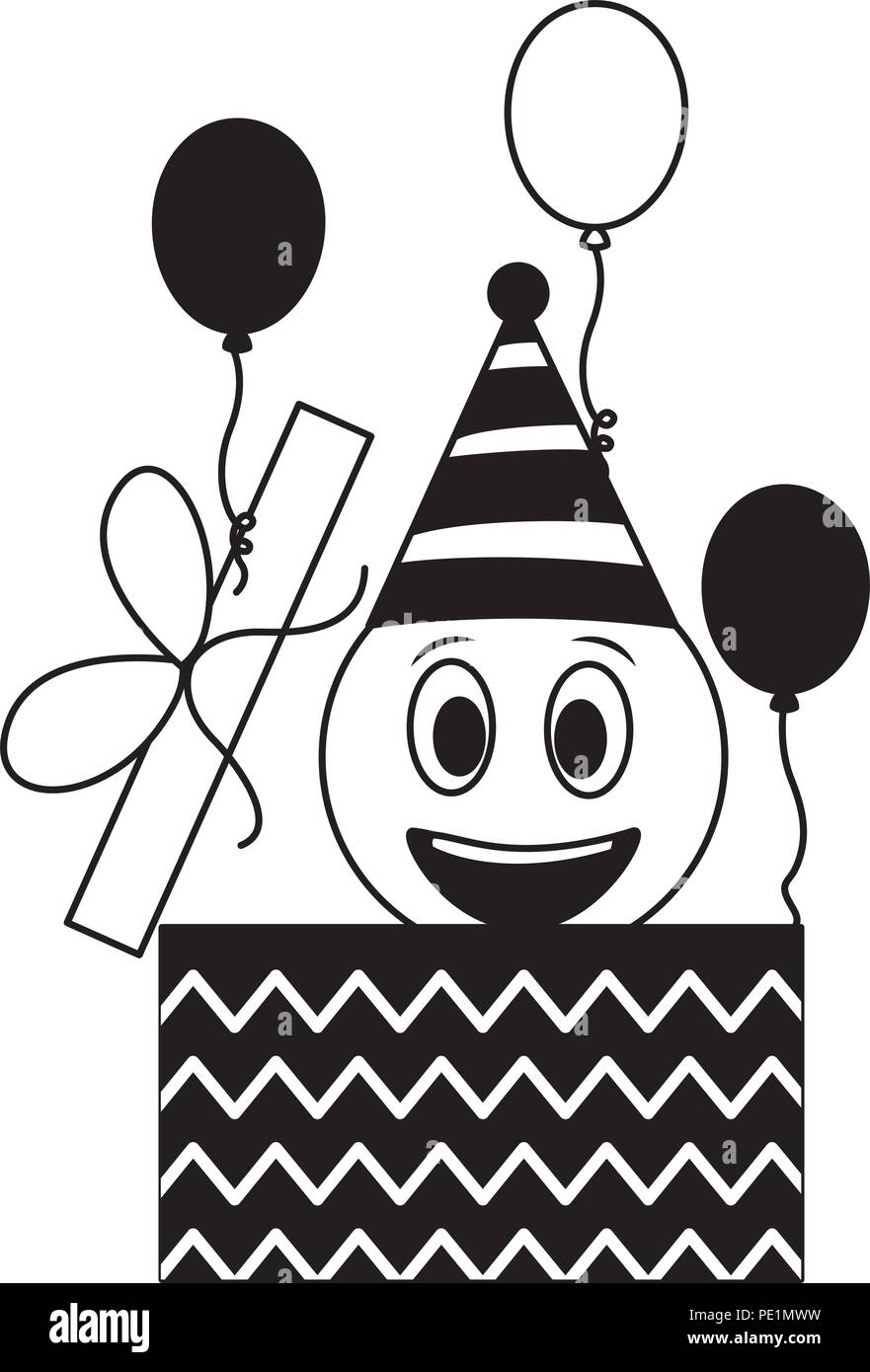 Cara de cumpleaños emoticono en caja de regalo Globos en blanco y negro  Imagen Vector de stock - Alamy