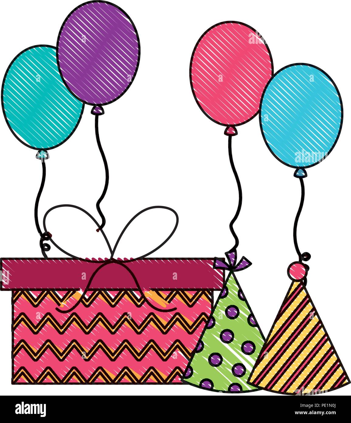 Regalo de cumpleaños y dibujo de globos gorros de fiesta Imagen Vector de  stock - Alamy
