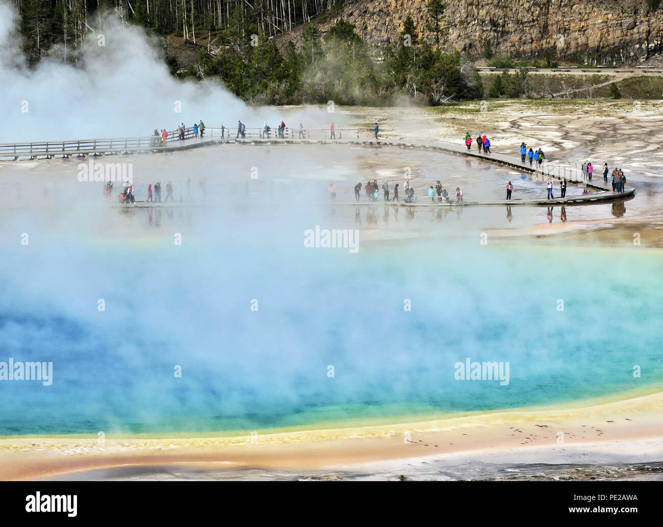 Cañón Village, EE.UU.. El 05 de julio, 2018. La fuente termal Grand Prismatic Hot Spring burbujas en el medio del Parque Nacional de Yellowstone. La tercera mayor fuente termal en el mundo es más grande que un campo de fútbol. El multi-capas de color deben sus colores a los muchos tipos diferentes de bacterias termófilas. Yellowstone tiene cinco entradas y cinco ámbitos desarrollados para los visitantes. La mayor parte del parque está situado en Wyoming, las piezas más pequeñas del parque hacia el norte y el noroeste se encuentran en Montana e Idaho.- Ningún servicio de cable - Crédito: Soeren Bozo/dpa-Zentralbild/ZB/dpa/Alamy Live News Foto de stock