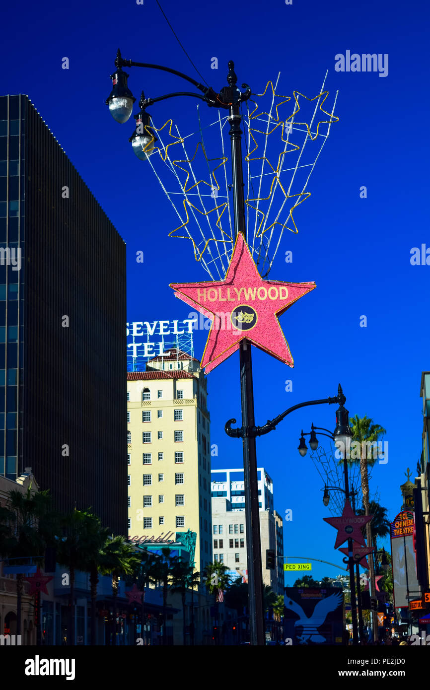 Signo de estrellas de Hollywood Boulevard con detalles en el fondo, Los Angeles, California Foto de stock