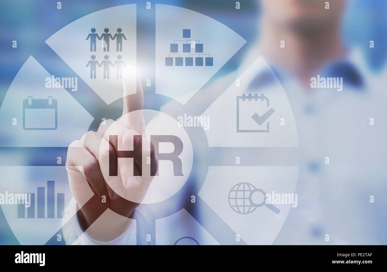 Concepto de recursos humanos, HR diagrama en pantalla táctil Foto de stock