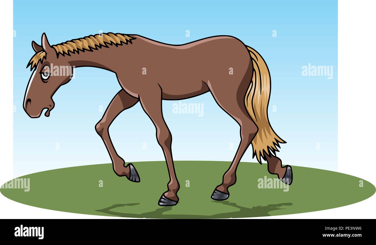 photo Caballo Marron Animado Caballo Dibujo https www alamy es dibujos animados de estilo ilustracion un caballo marron muy cansado de caminar sobre la hierba image215212626 html