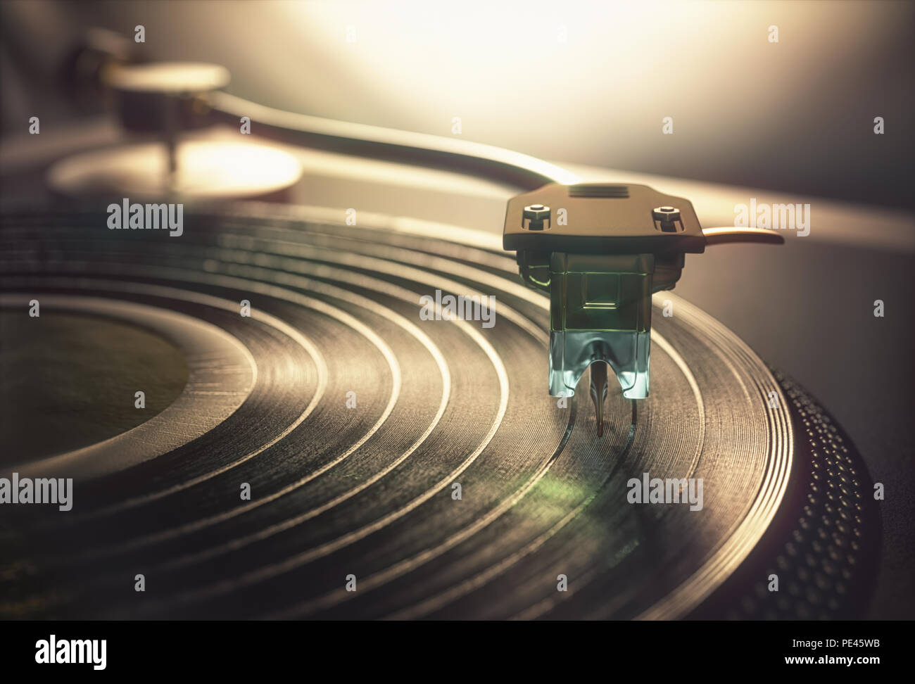 Ilustración 3D. Disco de vinilo está reproduciendo en vintage retro antiguo dispositivo disc jockey. Foto de stock