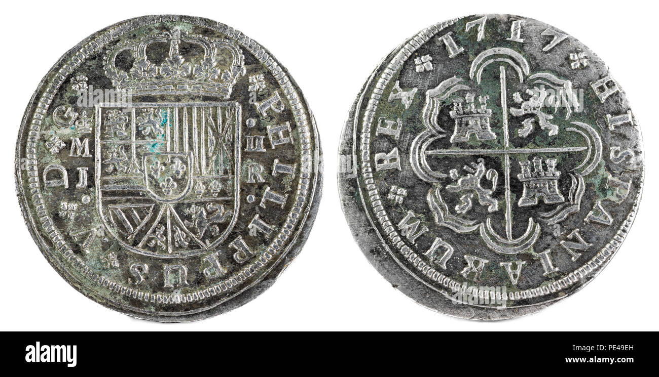 Antigua moneda de plata española del rey Felipe V. 1717. Acuñado en Madrid. 2 reales. Foto de stock