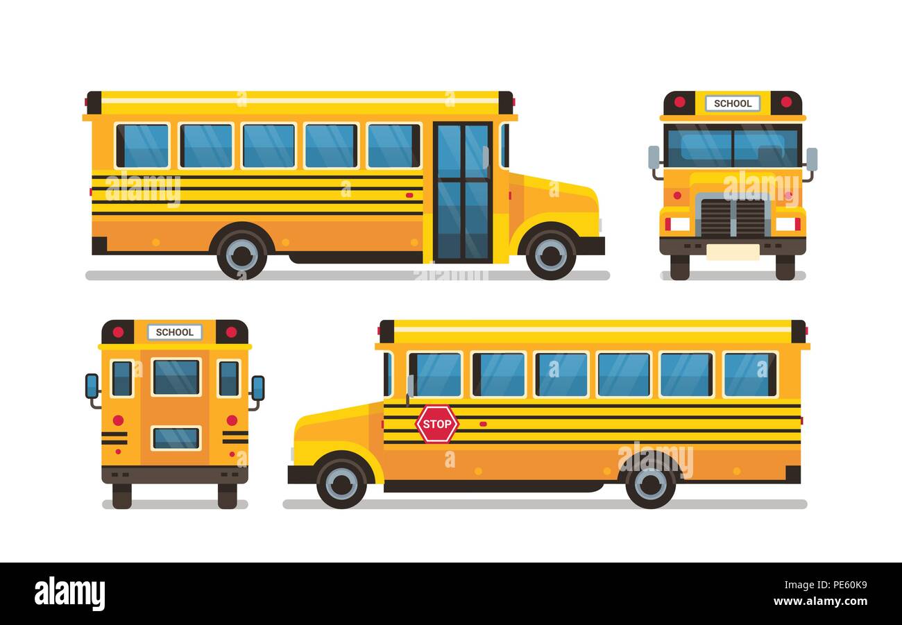 Autobús escolar amarillo lado frontal Vista posterior del concepto de transporte alumnos planos horizontales sobre fondo blanco. Ilustración del Vector