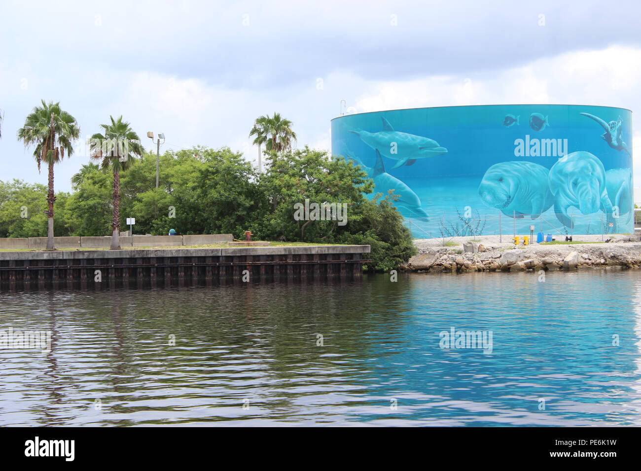 Mural pintado sobre un tanque de almacenamiento de aceite en el puerto de Tampa, Florida, EE.UU. Foto de stock