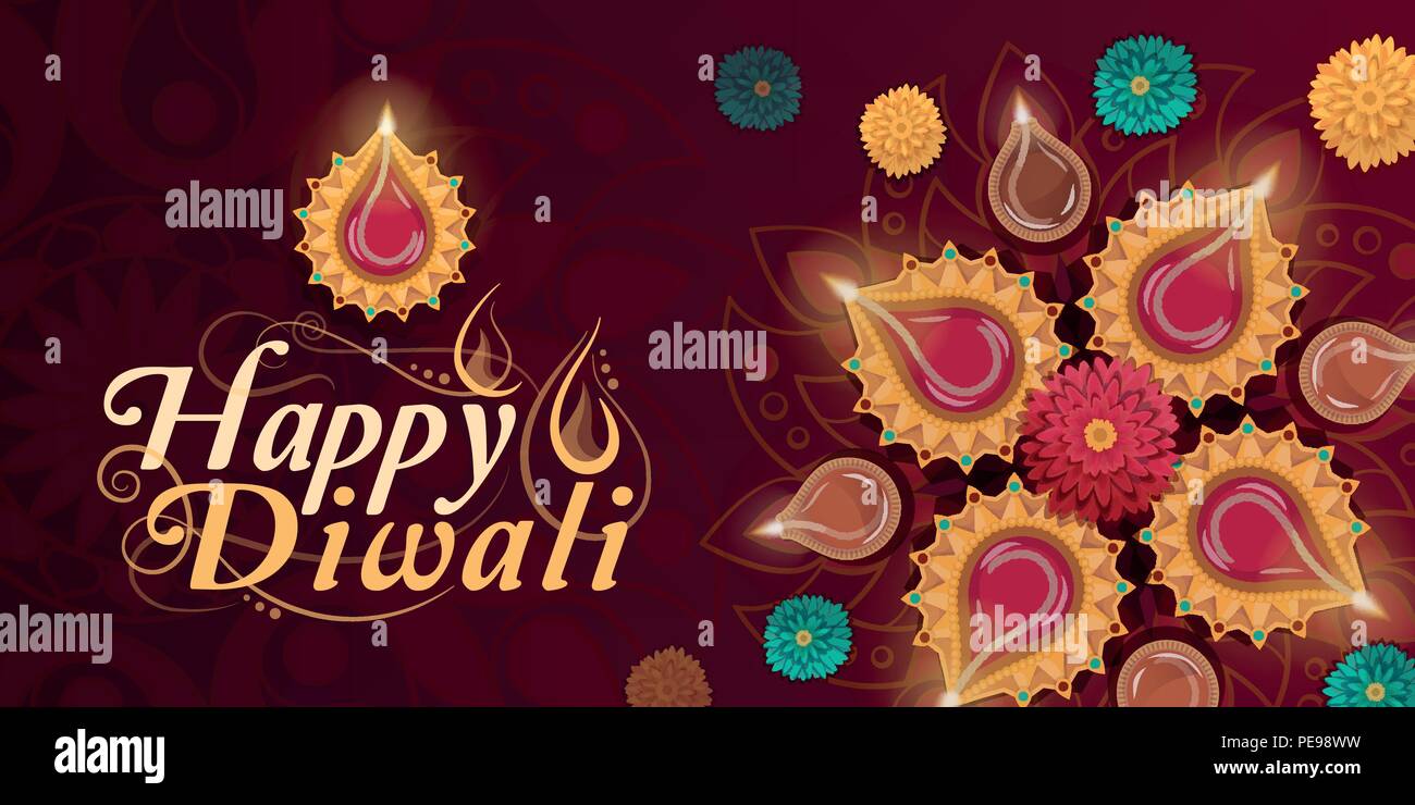 Diwali feliz celebración tradicional con lámparas diyas y flores. Ilustración del Vector