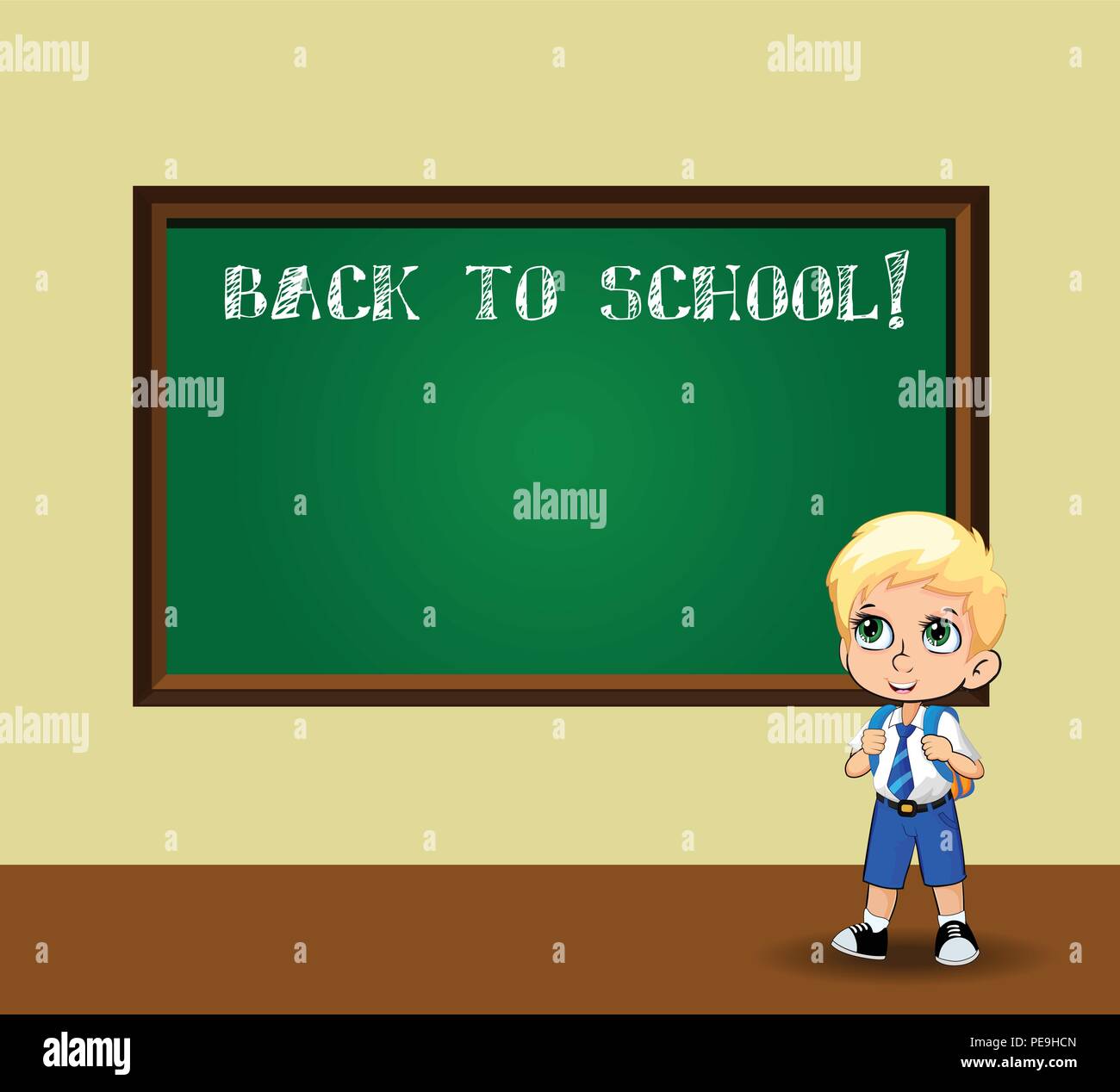 Lindo Rubia Chico De Escuela Con Grandes Ojos Anime Verde Uniforme Con Mochila De Pie Cerca De Pizarra Con Tiza Inscripcion Back To School Y Cop Imagen Vector De Stock Alamy