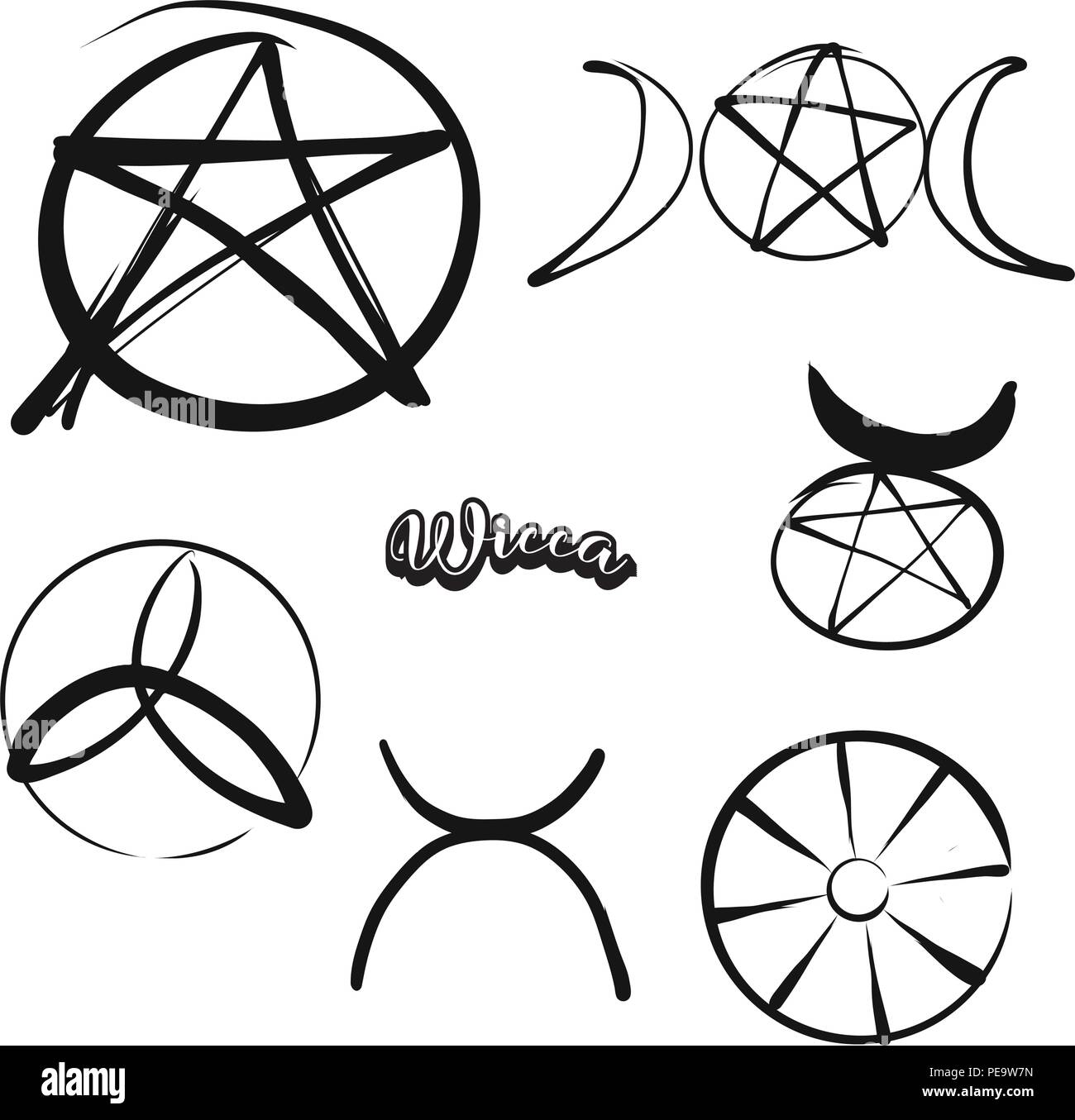 Conjunto de símbolos Wicca dibujados a mano. Varias comunidades