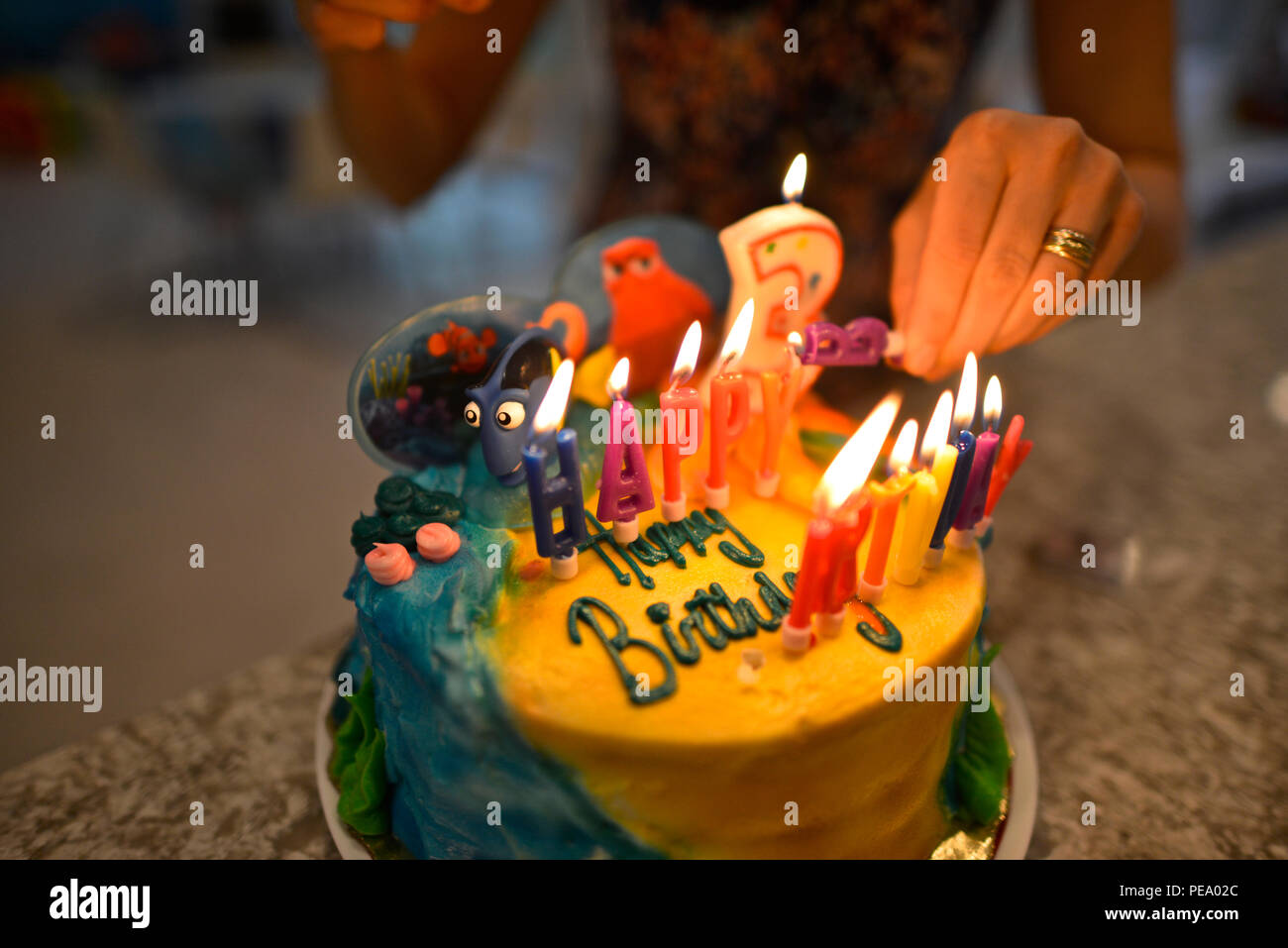 Mujer encendiendo las velas de un pastel de cumpleaños Foto de stock