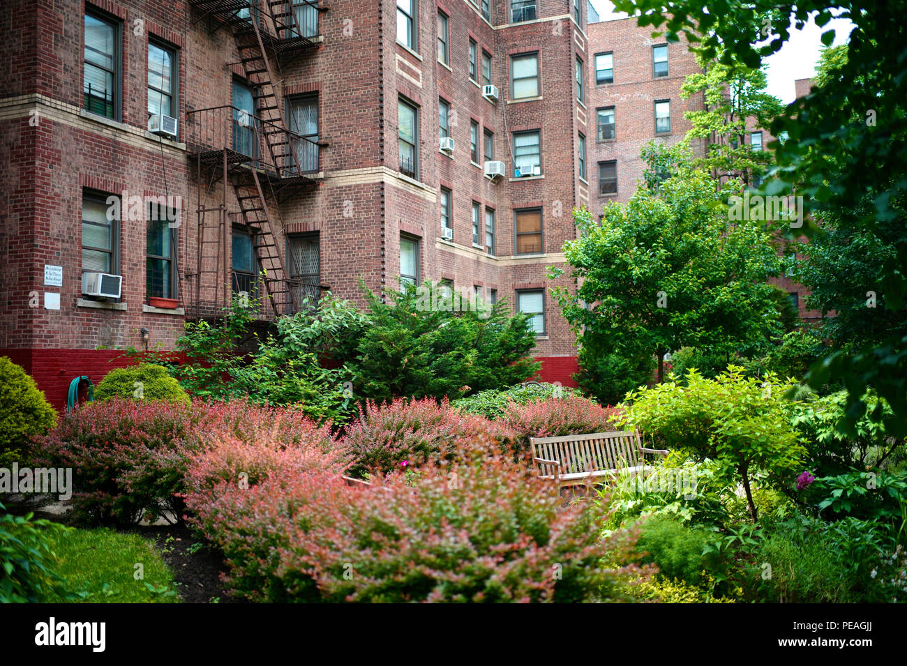 Situado en el barrio de Jackson Heights de Queens, el Tribunal Laburnum co-op complejo fue construido en 1922. Ofrece vistas a un jardín. Foto de stock