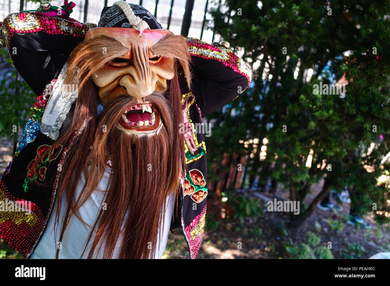 Bailarín de Los Tecuanes de San Gabriel en Puebla. El baile representa dos tribus, los Chichimeca y la Zapoteca, trabajando juntos en un intento Foto de stock