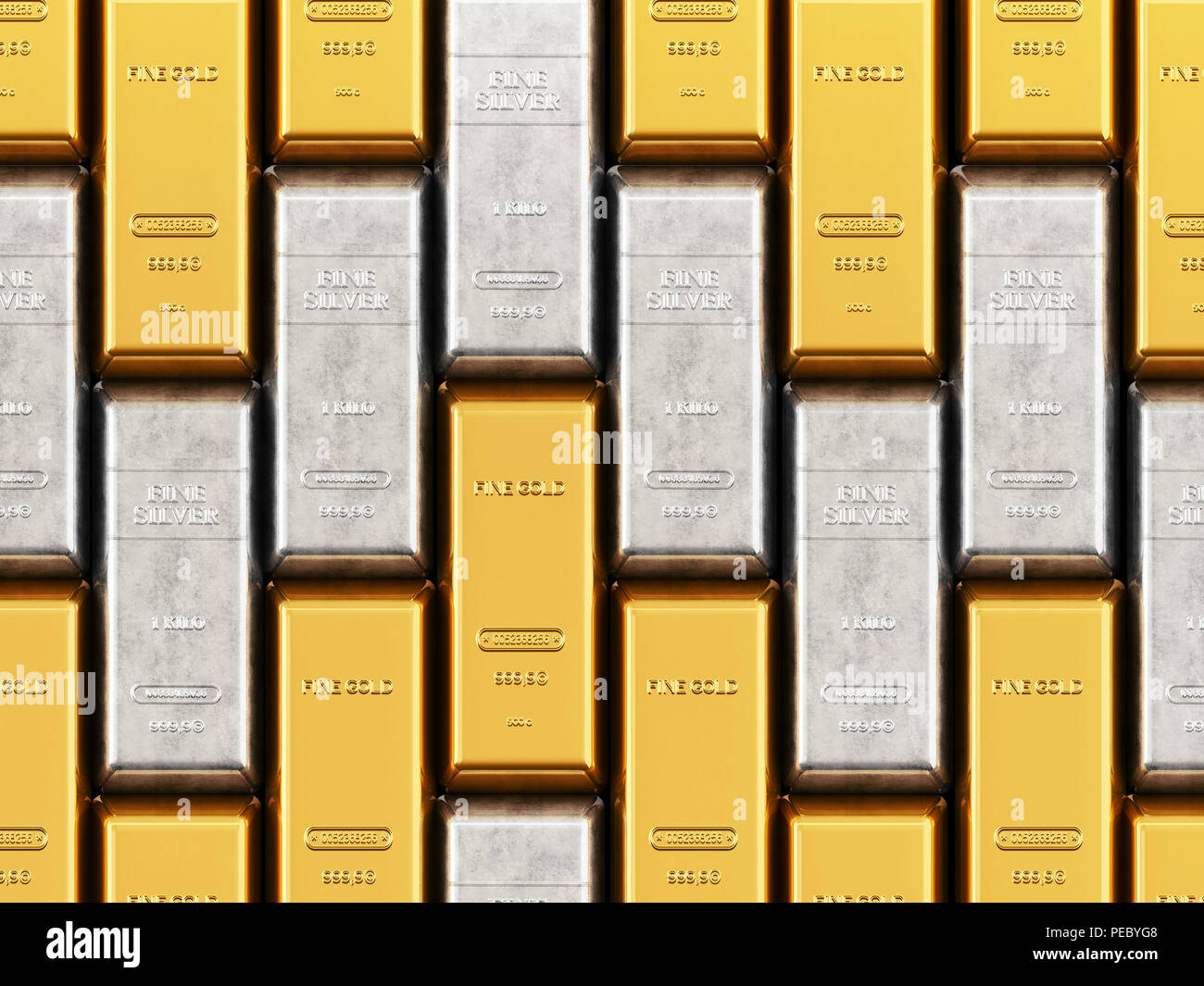 Lingotes de oro y plata aislado sobre fondo blanco. Ilustración 3D