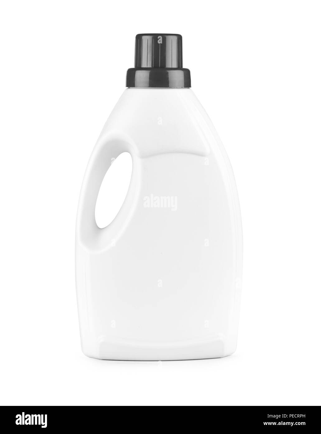 Botella de plástico blanco para detergente líquido, agente de limpieza, lejía ni suavizante. Maqueta del paquete. Foto de stock