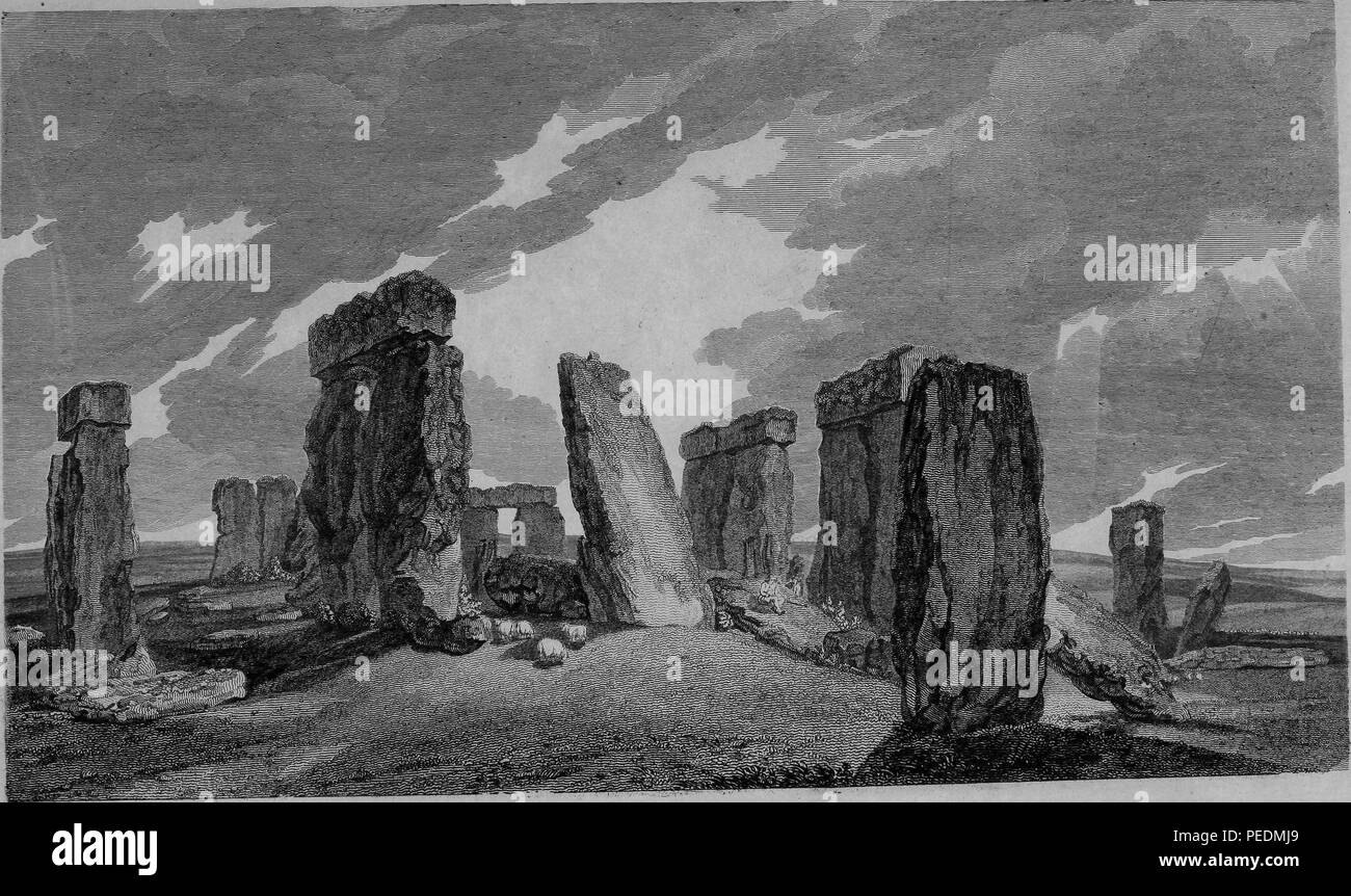 Grabado en blanco y negro, mostrando una vista del siglo XVIII de la prehistoria, monumento escalonado 'Stonehenge ', situado en Wiltshire, Inglaterra, después de un dibujo de T Hearne, 1825. Cortesía de Internet Archive. () Foto de stock