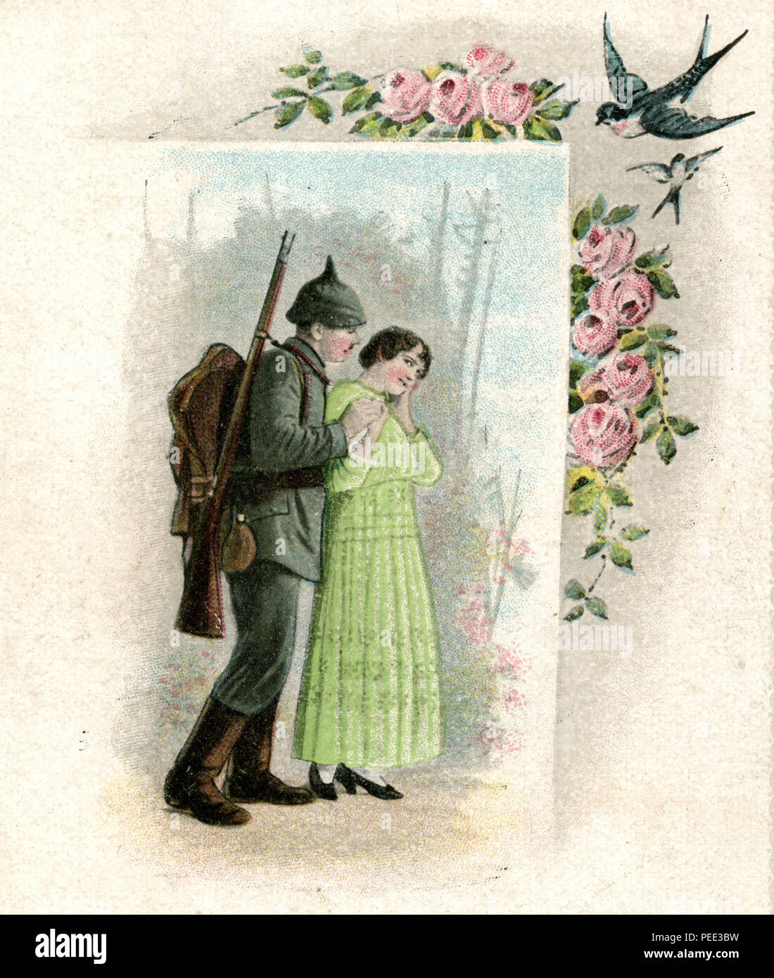 Despedida de una pareja de amantes, soldado con Pickelhaube y llorando chica, motivo de una tarjeta postal, sin utilizar Foto de stock