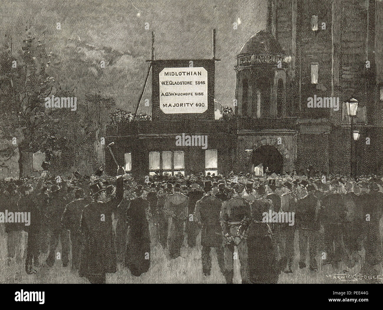 Los resultados de Gladstone's Midlothian circunscripción aparece en el club Liberal Nacional en Londres, las elecciones generales de 1892 Foto de stock