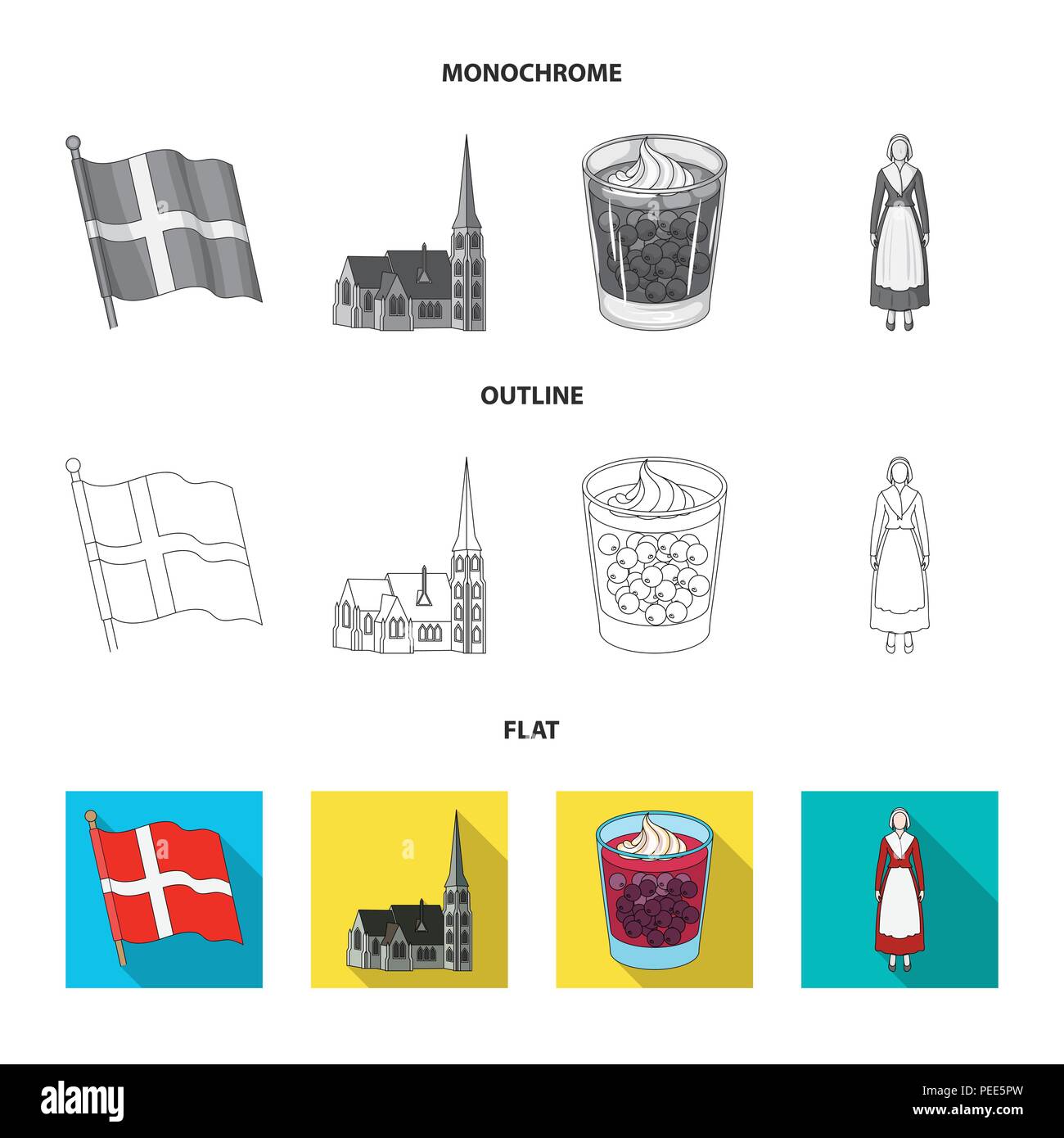 Dinamarca, historia, restaurante y otro icono en planas,esbozo,estilo monocromo.Sandwich, alimentos pan iconos en conjunto Ilustración del Vector