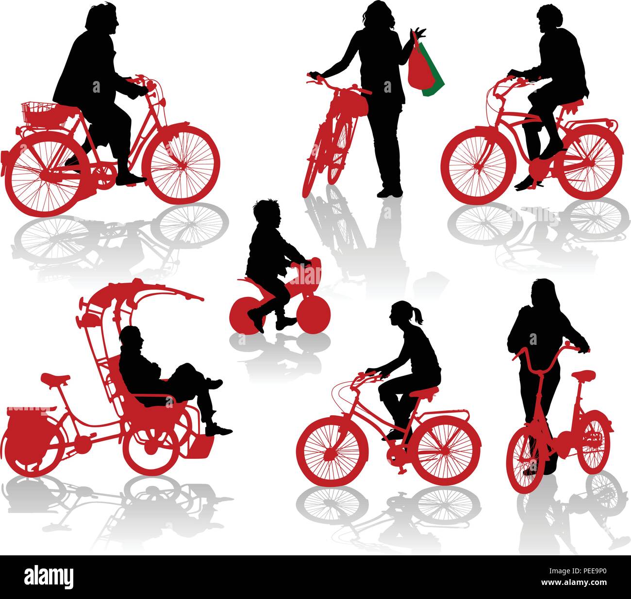 Siluetas de personas y niños en bicicletas Ilustración del Vector