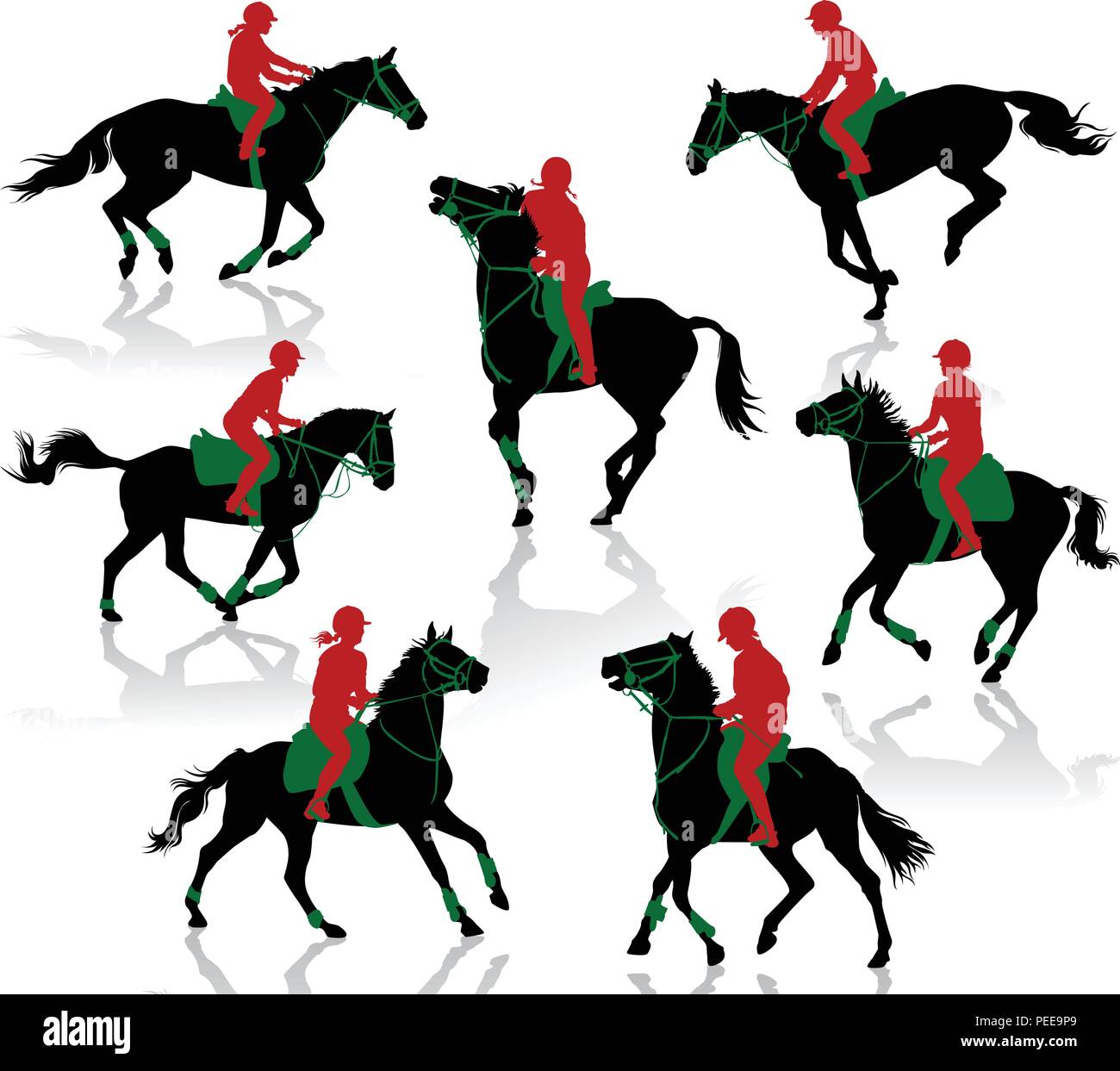 Siluetas de caballos equestrians durante competiciones Ilustración del Vector