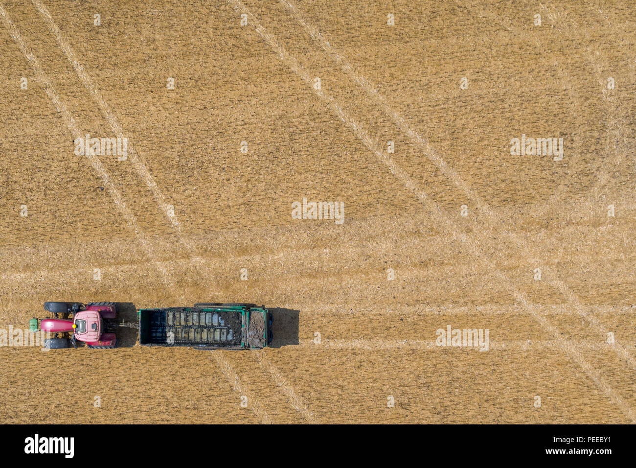 Fotos aéreas de tractores esparcir estiércol durante la cosecha de verano en Kent, UK Foto de stock