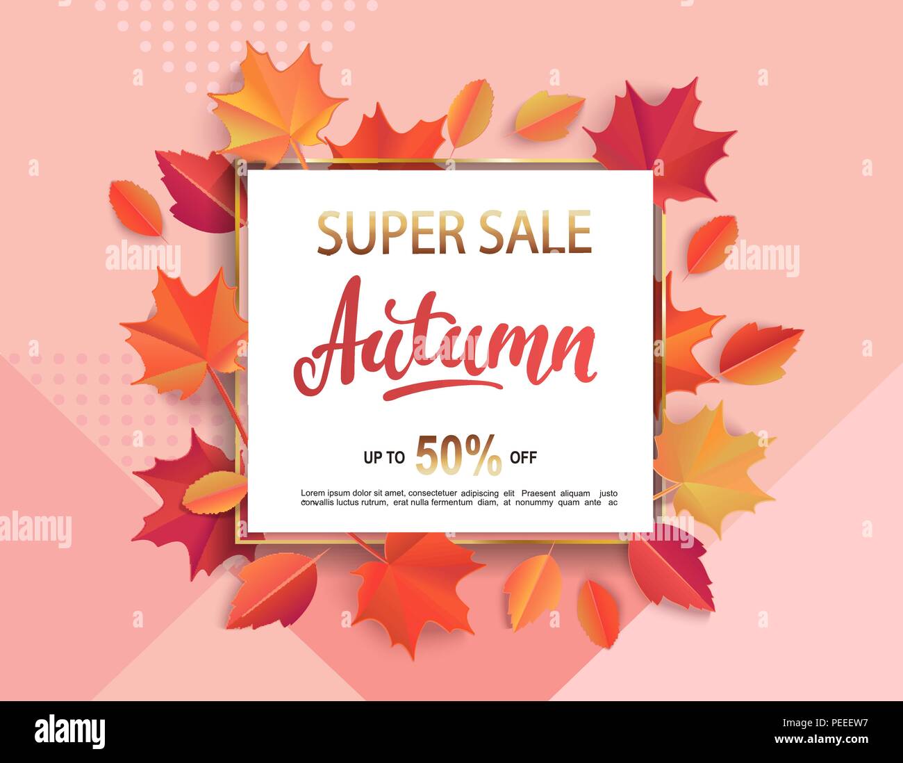 Otoño super venta banner en oro bastidor cuadrado rodeado de coloridas hojas de otoño sobre fondo geométrico para la temporada de otoño de promoción comercial. Ilustración vectorial. Ilustración del Vector