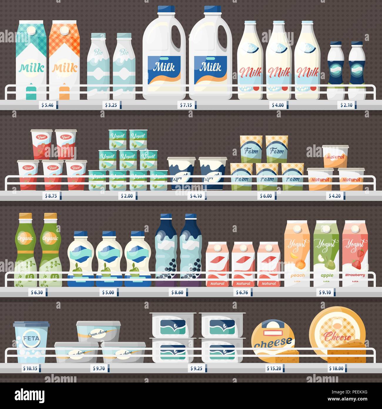 Tienda o contador o stand con productos lácteos. La leche y el yogurt, queso en el supermercado de escaparate. Vegetariano con etiquetas de precio de comestibles o etiquetas, estante o un refrigerador con la tienda de comestibles. Alimentos y bebidas Ilustración del Vector