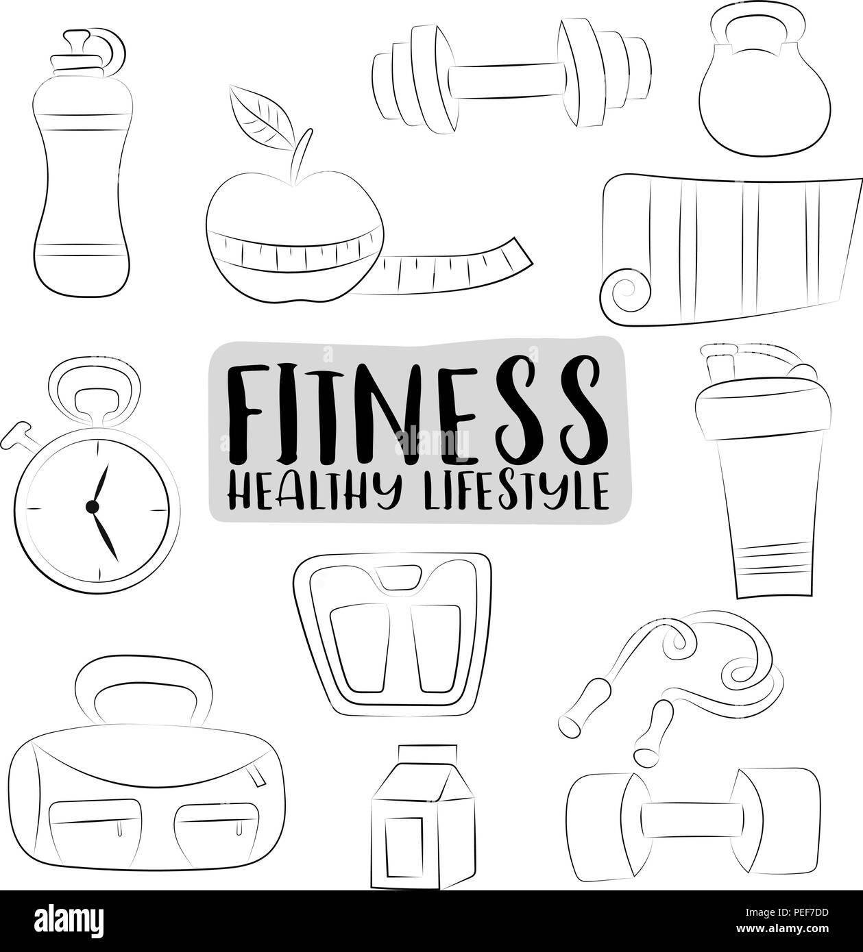 Iconos de estilo de vida saludable y de Fitness. Blanco y negro para  colorear de esquema página. Doodle objetos dibujados a mano. Vector  illustrator Imagen Vector de stock - Alamy