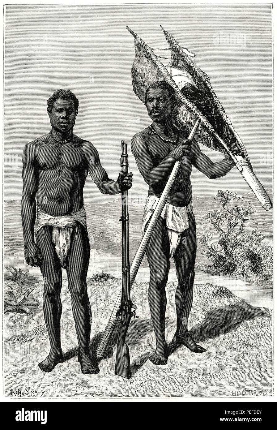 Los cazadores de la tribu Kroomen, Liberia, la ilustración de Sirouy/Hilldibrand, Harper's Magazine mensual, 1879 Foto de stock