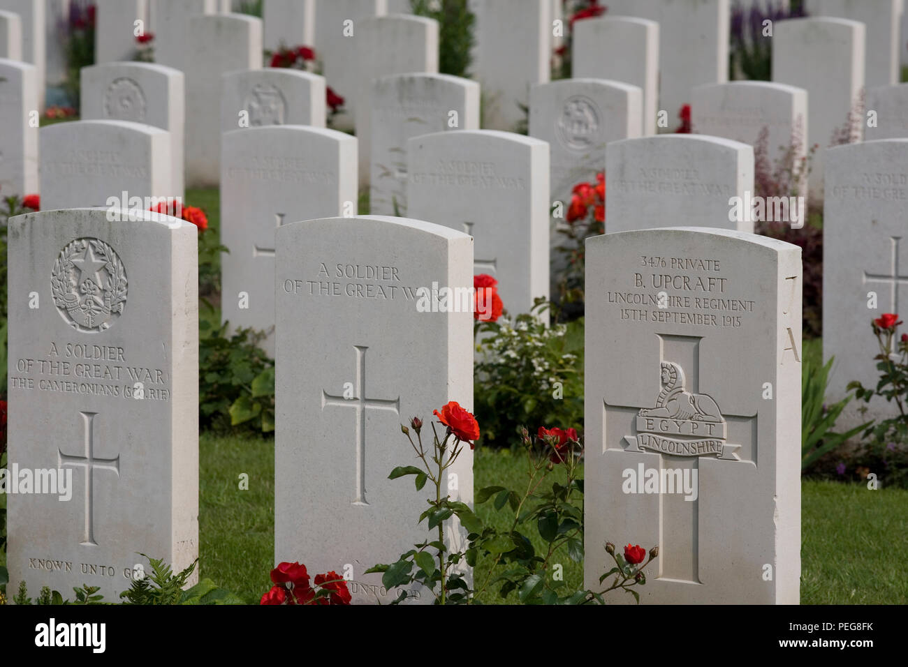 Lápidas de soldados conocidos y desconocidos de la gran guerra en el cementerio en el centro de Ypres Foto de stock