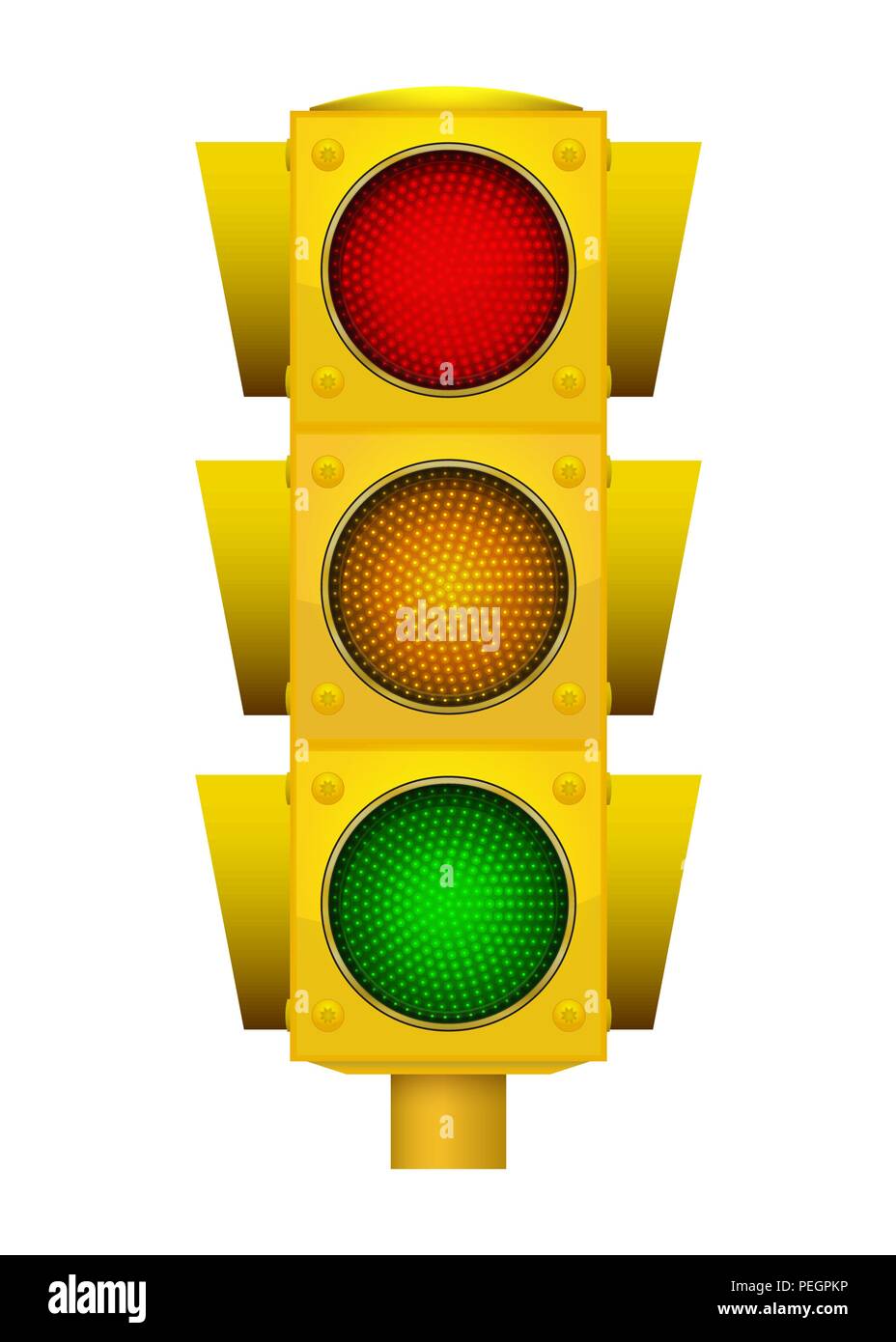 Ilustración realista de moderno Semáforo con LED amarillo encendido en verde, amarillo y rojo se ilumina. Ilustración del Vector
