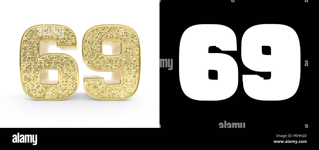Golden número sesenta y nueve (número 69) sobre fondo blanco con sombra y canal alfa. Ilustración 3D. Foto de stock