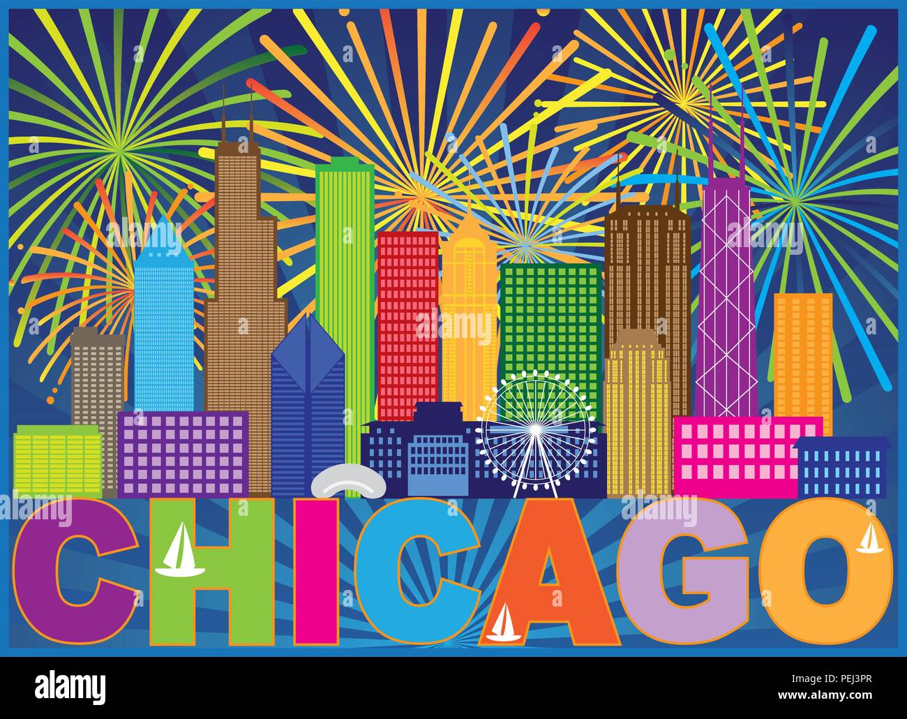 Panorama del horizonte de la ciudad de Chicago de esquema de color Silueta de Fireworks con ilustración de fondo de texto Ilustración del Vector