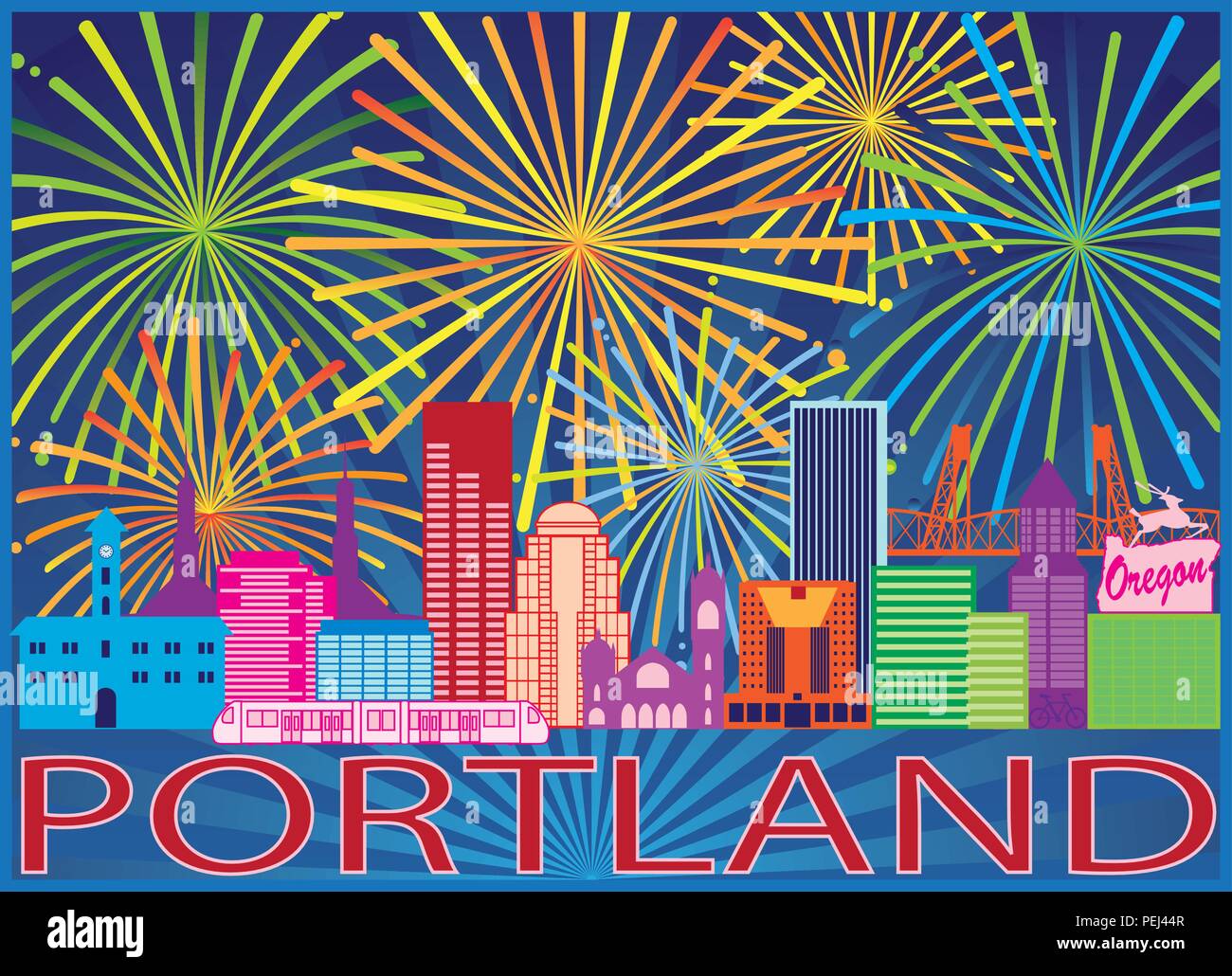 Horizonte de la ciudad de Portland, Oregón, coloridos Fuegos Artificiales de trama de fondo ilustración Ilustración del Vector