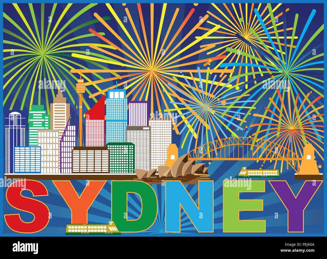 Australia Sydney Harbour Bridge hitos Skyline abstractos coloridos Fuegos Artificiales ilustración de fondo Ilustración del Vector