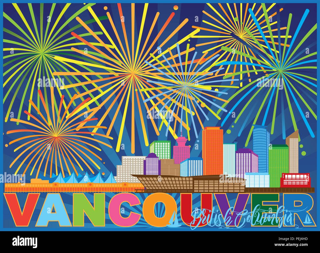 Vancouver, British Columbia, Canadá Ciudad Fireworks ilustración en color de texto Ilustración del Vector